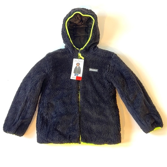 Eddie Bauer Reversible Fuzzy Fleece Jacket Black Neon Yellow Trim Medium 10-12 - Picture 10 of 15
